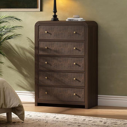 Oak&Sparrow 5 Drawer Tall Dresser for Bedroom, 47'' Rattan Dresser with Ample Storage, Boho Chest of Drawers, Thickened Curved Profile Design, Dark Walnut Dressers for Bedroom, Living Room