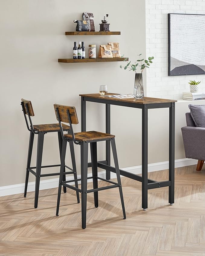 VASAGLE Set of 4 Bar Stools, Bar Height Stools, 29.1 Inches Tall Barstools with Back, Counter Bar Chairs for Kitchen Island, Steel Frame, Industrial Style, Easy Assembly, Rustic Brown and Ink Black