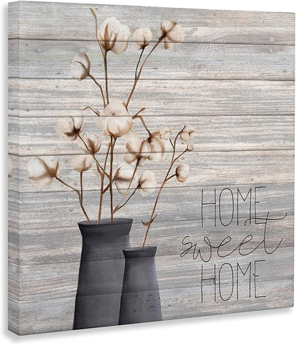 The Stupell Home Decor Grey Home Sweet Home Cotton Flowers in Vase Canvas Wall Art, 17 x 17, Proudly Made in USA