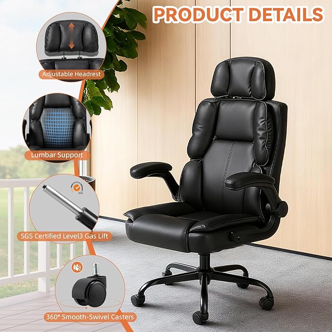 Comfortable Office Chair,Executive Leather Computer Chair with Lumbar Support,Adjustable Height & Armrests,Black