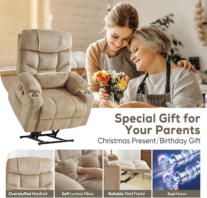 ABCASA Oversized Dual Motor Lay Flat Power Lift Recliner Chair Set of 2 for Elderly with Massage and Heat, Textile Large Recliner Chair, Lift Chairs Recliner with Lumbar Pillow, Cup Holder, Beige