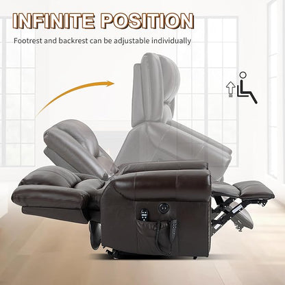 Luxlen Power Lift Recliner Chair for Elderly, Dual Motor Massage Recliner with Lumbar Heat, Heavy Duty Motion Mechanism Lift Chair with Charge Ports, Genuine Leather - Antique Brown