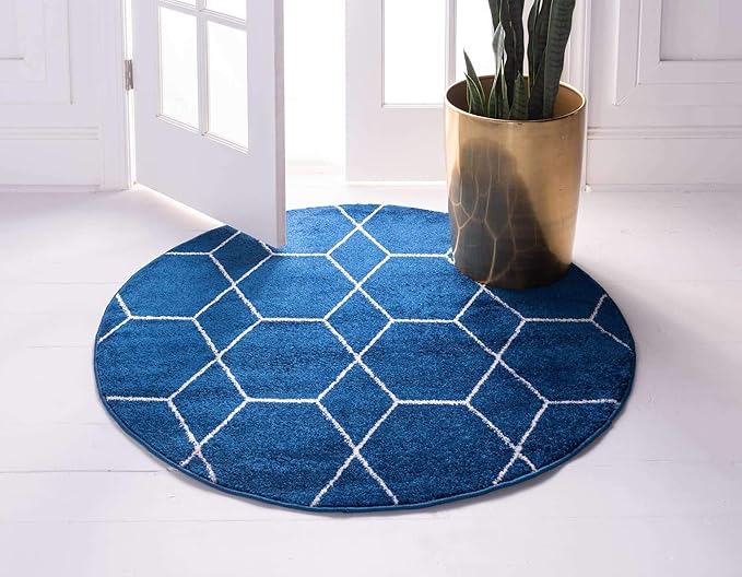 Unique Loom Trellis Frieze Collection Area Rug - Geometric (6' Round, Navy Blue/ Ivory)