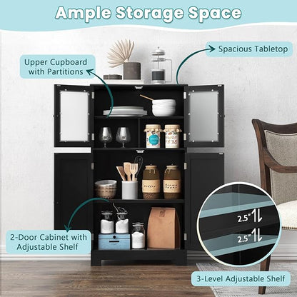 COSTWAY Bathroom Storage Cabinet, Wooden Linen Storage Organizer Cupboard with Doors & Adjustable Shelf, Freestanding Floor Cabinet for Living Room, Kitchen, Entryway, Office (Black)