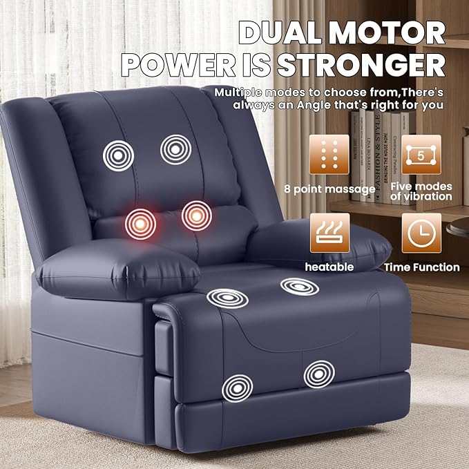 Large Dual Motor Power Lift Recliner Chair with Massage and Heat for Elderly People, Infinite Position,USB Ports and Remote Control,Breathable Leather (Blue)