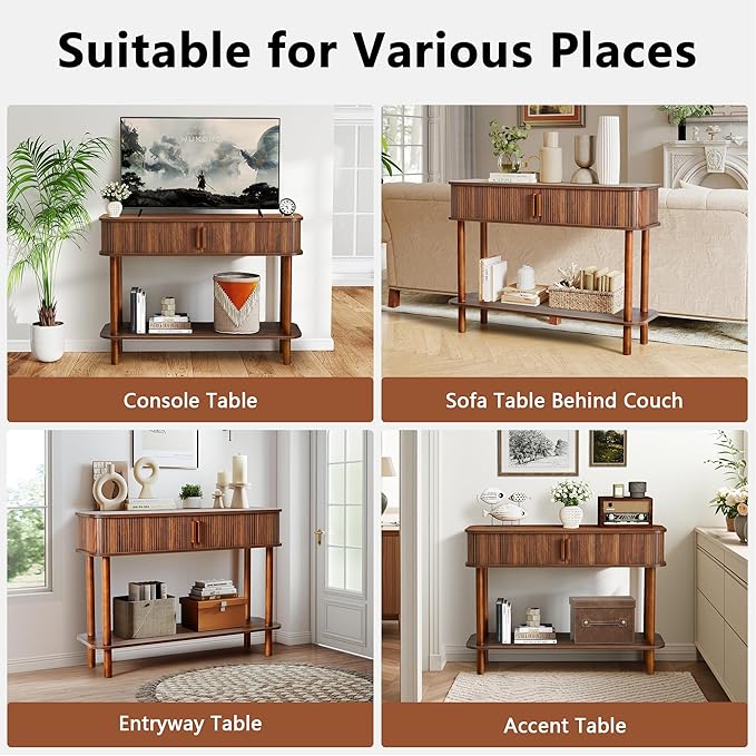 RARZOE Console Table with Storage, Fluted Entryway Table with Sliding Door&Open Shelf, Sofa Table Behind Couch, Mid-Century Modern Accent Table for Hallway, Entrance, Foyer, Fully Assembled(Walnut)