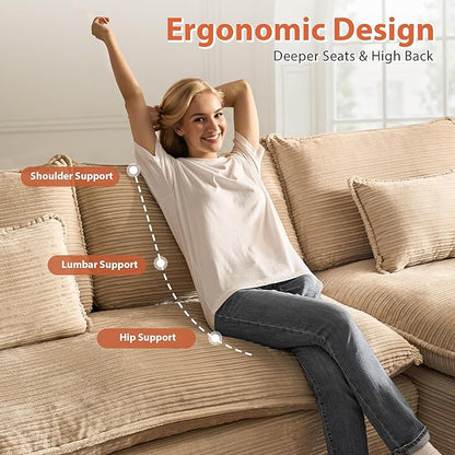 113 in Oversized Cloud Sofa with L Shape Chaise, Sectional Couches for Living Room, Assembly Free Modular Comfy Corduroy Sofa with Right Facing Chaise Longue for Home Apartment (Right Chaise, Beige)