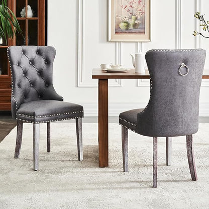 Leather Dining Chair Set of 4, Dining Room Chairs with Nailhead Ring Pull Trim, Upholstered Dining Chairs with Solid Wood Legs for Kitchen Dining Room (Grey)