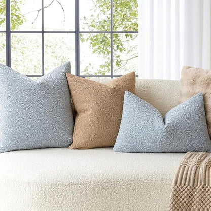 Foindtower Pack of 2 Modern Textured Boucle Throw Pillow Covers Accent Solid Decorative Pillow Cases Cozy Woven Couch Cushion Case for Chair Sofa Bed Living Room Home Decor, 22 x 22 Inch, Light Blue