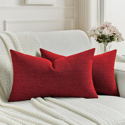 FUTEI Christmas Red Chenille Decorative Throw Pillow Covers 12x20 Inch Set of 2,Soft Cozy Faux Linen Textured Lumbar Pillow Cases,Farmhouse Home Decor for Couch Living Room