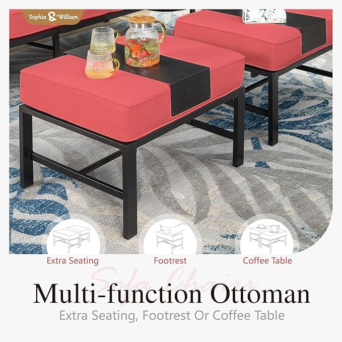 Sophia & William Patio Furniture Sets 7 Seats Outdoor Conversation Set 6 Pcs,2 x Cushioned Swivel Sofa Chairs,1 x 3-Seat Sofa,2 Ottomans, Marbling Metal Coffee Table Patio Backyard Poolside Red