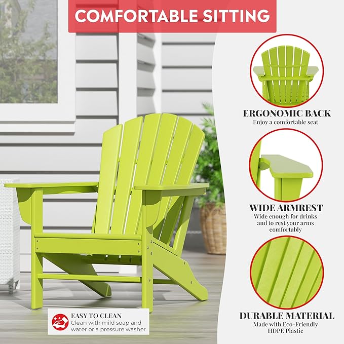 Costaelm Outdoor Adirondack Chair, HDPE Patio Chair, Weather Resistant Lawn Firepit Outside Chairs for Porch, Poolside, Garden, Backyard Deck, Lime
