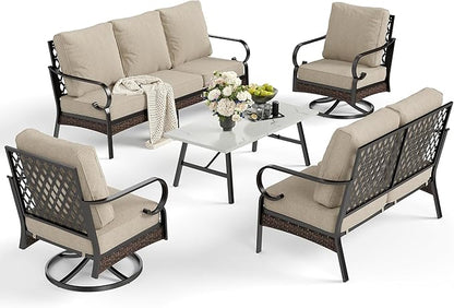 5 Piece Metal Outdoor Patio Furniture Set, Patio Conversation Sets 3-Seater Sofa, 2-Seater Sofa, 2 Swivel Chair with 5.75" Thick Cushion & Coffee Table Black Backyard Furniture, Beige