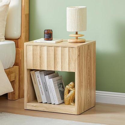 Fluted Dresser, Small Nightstands Set of 2, Natural Bedside Table with Drawer and Storage, Mid Century Modern Side Table for Bedroom Living Room Sofa