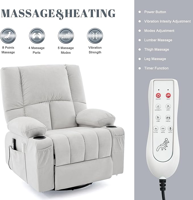 Swivel Rocker Chair with Heat and Massage, 270° Power Recliner Chairs for Adults, USB and Type-C Ports, Oversized Recliner Single Sofa, Electric Glider Chair(LightGrey)