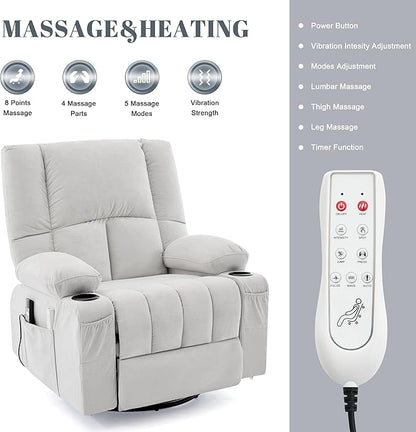 Swivel Rocker Chair with Heat and Massage, 270° Power Recliner Chairs for Adults, USB and Type-C Ports, Oversized Recliner Single Sofa, Electric Glider Chair(LightGrey)