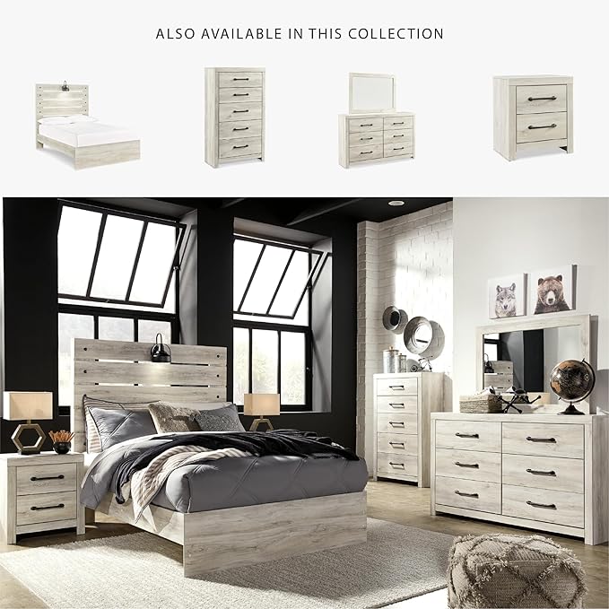 Signature Design by Ashley Cambeck Farmhouse Full Panel Bed with Sconce Light and USB Ports, Foundation or Box Spring Needed, Whitewash