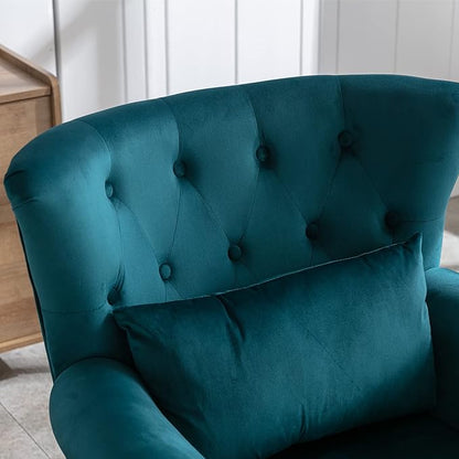 chairus Mid-Century Modern Accent Chairs with Ottoman Set of 2, Comfy Velvet Single Sofa Chair Button Tufted Wingback Armchairs with Pillow for Living Room/Bedroom/Club - Teal