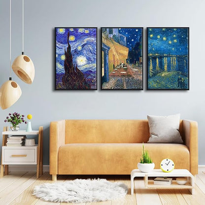 Wieco Art Black Framed 3 Panels Canvas Prints of Vincent Van Gogh Paintings Reproduction Starry Night Over the Rhone Cafe Terrace at Night Canvas Wall Art for Home Office Decor