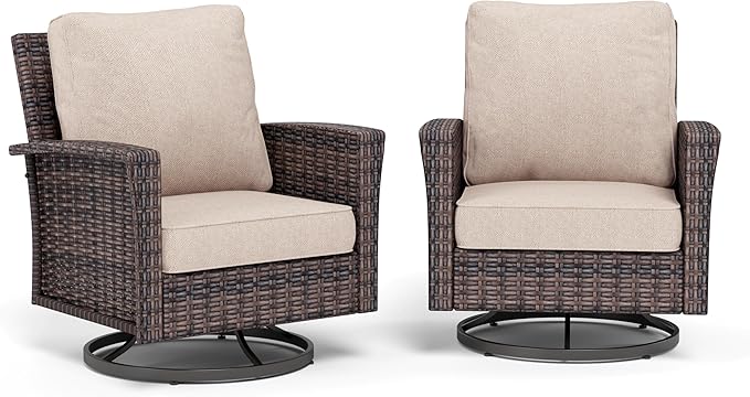 Patio Wicker Swivel Chairs Set of 2, Outdoor High Back Chairs with 5.5" Waterproof Cushions, Outdoor Furniture Set for Deck Porch and Yard, Peacock Blue