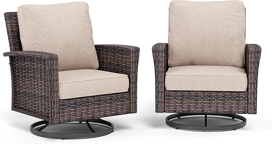 Patio Wicker Swivel Chairs Set of 2, Outdoor High Back Chairs with 5.5" Waterproof Cushions, Outdoor Furniture Set for Deck Porch and Yard, Peacock Blue