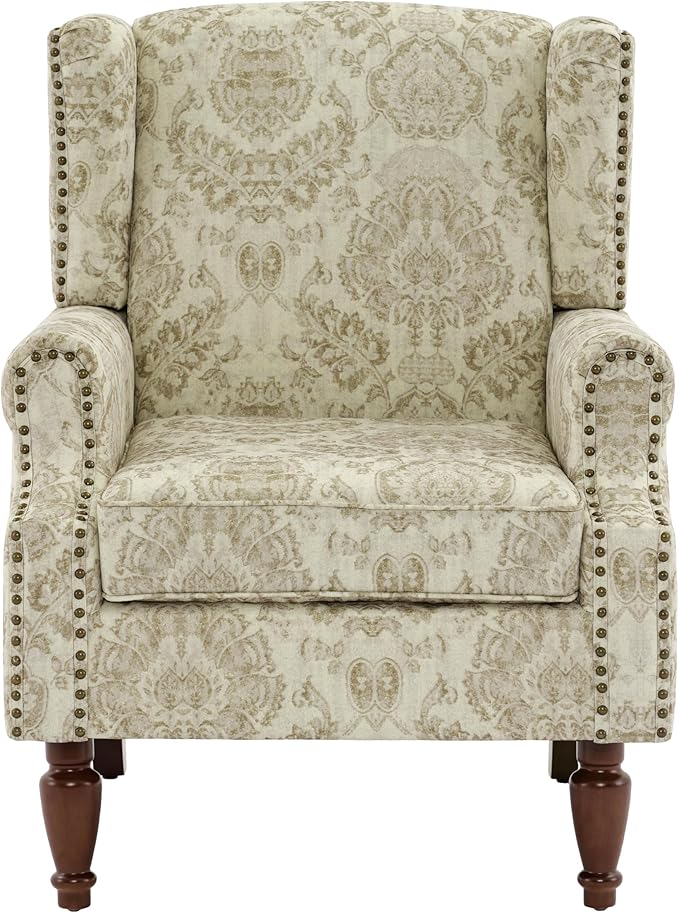 Pia Ricco Set of 2 Floral Accent Chairs, High Back Upholstered Armchairs with Retro Wingback Design, Nailhead Trim & Solid Wood Legs for Living Room Bedroom(Flower White)