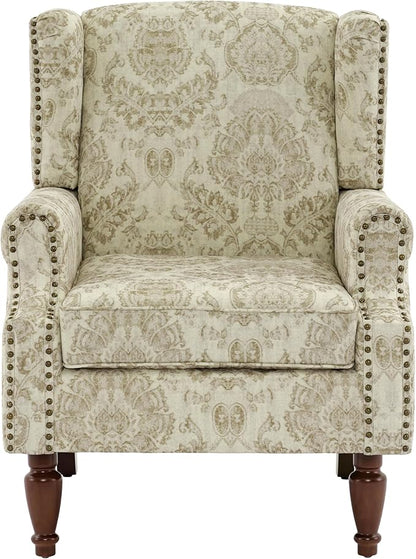 Pia Ricco Set of 2 Floral Accent Chairs, High Back Upholstered Armchairs with Retro Wingback Design, Nailhead Trim & Solid Wood Legs for Living Room Bedroom(Flower White)