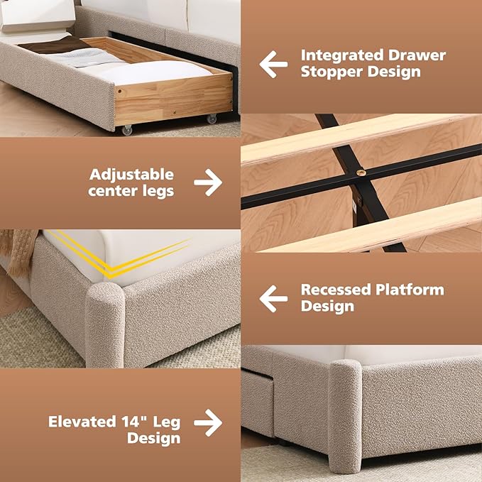 VELOCAVA Queen Size Upholstered Bed Frame with 51.77" Tall Headboard and Soft Rounded Corners, Side Storage Drawers, 12-Slat Support, No Box Spring Needed, Linen-Blend Fabric, Beige