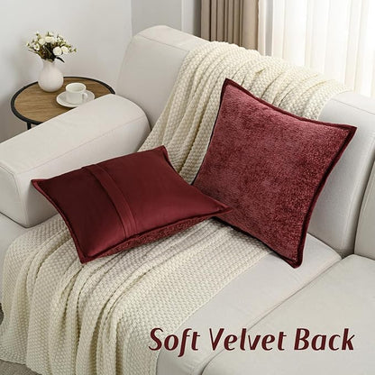 FUTEI Burgundy Chenille Throw Pillow Covers 24x24 Inch Set of 2,Soft Cozy Bound Edge Design European Cushion Cover,Home Decor for Couch Bed Living Room