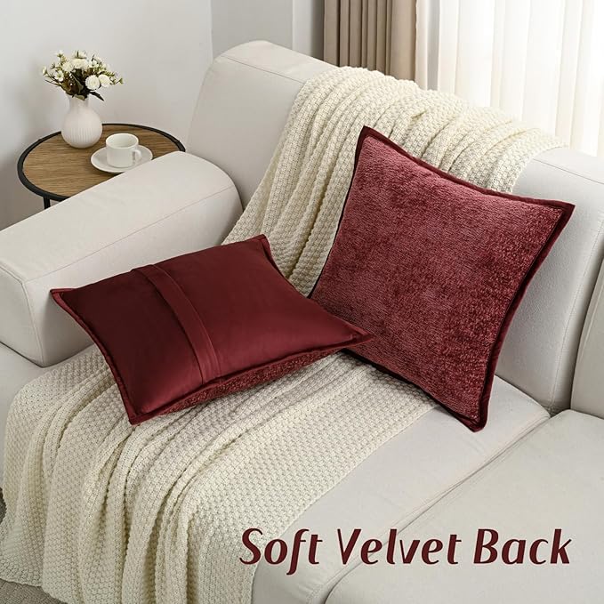 FUTEI Burgundy Chenille Throw Pillow Covers 22x22 Inch Set of 2,Soft Cozy Bound Edge Design Cushion Case,Home Decor for Couch Bed Living Room