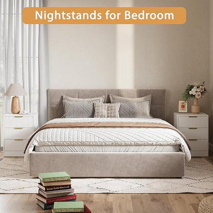 3-Piece Modern Bedroom Furniture Set, Wide 7-Drawer Dresser & 3-Drawer Nightstands Set of 2, Natural Wood Dresser and Nightstand Sets for Bedroom, Hallway, White