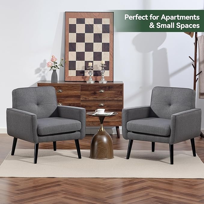Accent Chair Set of 2, Fabric Modern Chair with Wooden Frame, Cozy Armchair Reading Chair with Comfy Back for Apartment, Living Room, Bedroom, Waiting Room, Small Space, Corner, Grey