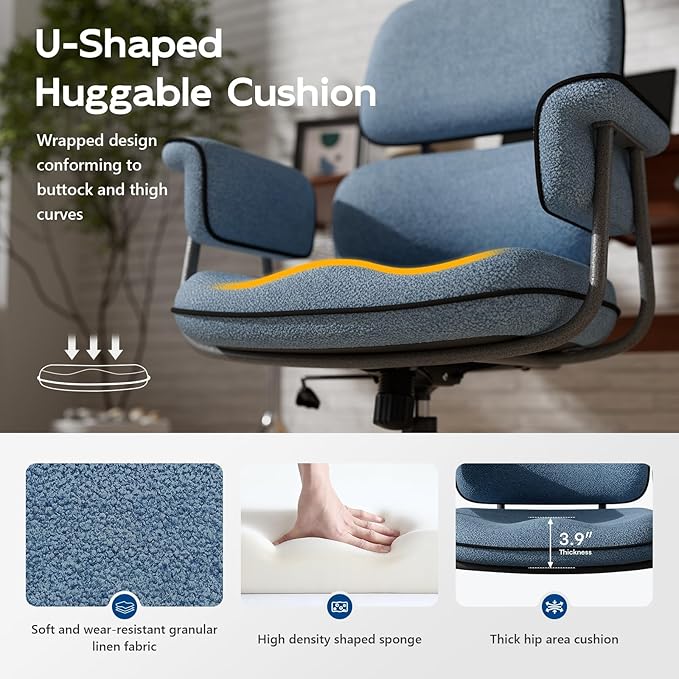 Blue Desk Chair with Wheels and Wide Arms, Soft Granular Linen Fabric Office Chair, Mid Back Vintage Comfy Home Office Desk Chairs with Molded Cotton Seat Cushion, Adjustable Height