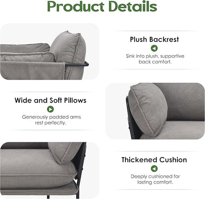 Modern Accent Chair for Living Room, Oversized Reading Chair with Solid Metal Legs, Upholstered Fabric Armchair with Side Pockets and 2 Pillows, Comfy Accent Chairs for Bedroom, Nursery, Khaki