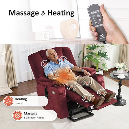 MCombo Oversized Power Lift Recliner Chair Sofa with Massage and Heat for Elderly People Petite, USB Ports, Side Pockets, Fabric R7561 (Burgundy, Small-Oversize)