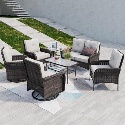 COOS BAY Vintage Courtyard Patio Furniture Set, Wicker Outdoor Furniture, Patio Conversation Sets, 2 Chairs, 2 Swivel Rockers, Loveseat, Coffee Table and Side Table, 7 Pieces, Gray/Beige