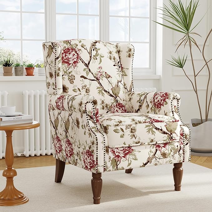 Accent Chair, Upholstered High Back Floral Armchair with Nailhead Trim & Wood Legs, Comfy Wingback Reading Single Sofa Chair for Small Spaces, Living Room, Bedroom (Pink Floral, Set of 2)