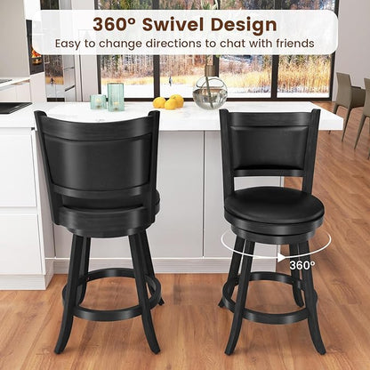 COSTWAY Bar Stools Set of 4, 360 Degree Swivel, 24" Accent Wooden Swivel Seat Counter Height Bar Stool, Leather Upholstered Design, PVC Cushioned Seat, Perfect for Dining and Living Room (Height 24")