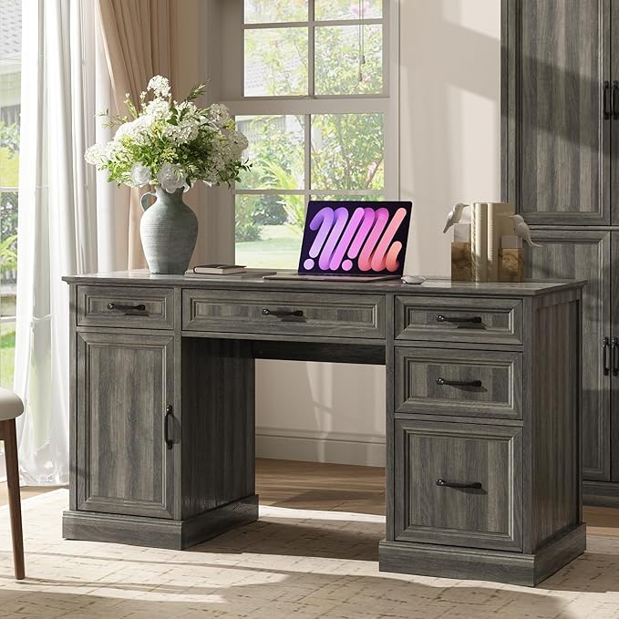 CARPETNAL 58'' Farmhouse Executive Desk with Drawers, Home Office Desk with File Drawer and Storage Cabinet, Rustic Computer Desk for Working, Studying, Writing, Grey