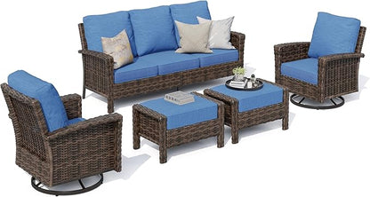 HERA'S HOUSE Wicker Patio Furniture Set, 35" High Back Swivel Chairs with 5.5" Thick Cushions, 5 Pieces Outdoor Seating Furniture, Deck Conversation Set with Ottomans for Lawn Yard Porch, Blue