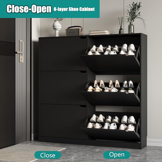 Shoe Storage Cabinet for Entryway with 6 Flip Drawers, Sturdy Wood Hidden Shoe Storage, Freestanding Narrow Slim Shoe Organizer for Front Door Entrance, Living Room, Hallway, Bedroom, Black