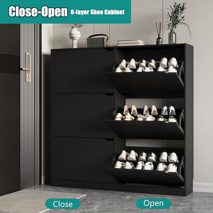 Shoe Storage Cabinet for Entryway with 6 Flip Drawers, Sturdy Wood Hidden Shoe Storage, Freestanding Narrow Slim Shoe Organizer for Front Door Entrance, Living Room, Hallway, Bedroom, Black