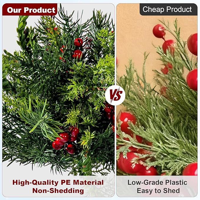 2PCS Christmas Artificial Pine Needles Branches Table Decor with Red Berry Pine Cones Greenery Stems Christmas Artificial Greenery Floral Arrangements for Garland Wreath
