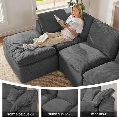 143" Cloud Sectional Couch, Boneless couches for Living Room, 7 Seater Large Modular Sectional Sofa with Deep Seat, Comfy Soft Cushions, No Assembly, Gray