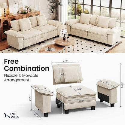 PHI VILLA Cloud Modular Couches Sets, 2 Pieces Sectional Loveseat Sofa Set, 4-Seater Comfy Couch for Living Room, Corduroy Fabric, Beige