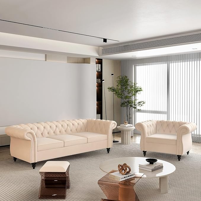 Living Room Chair, Modern Velvet Chesterfield Sofa Chair, Mid Century Single Sofa Couch Chair with Tufted Back and Rolled Arms, Accent Sofa Chair for Living Room Apartment, Beige