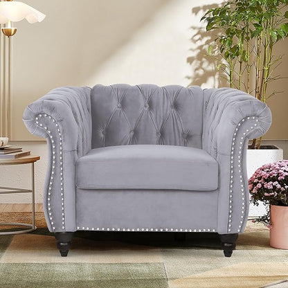 2 Piece Living Room Sofa Set, 3 Seater Velvet Sofa Couch and Chair Set, Mid Century Modern Upholstered Couch with Cushions, Comfy Tufted Chesterfield Couches for Living Room, Bedroom, Office