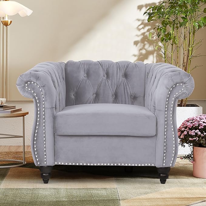 2 Piece Living Room Furniture Set, Velvet Loveseat and Chair Set, Mid Century Modern Upholstered Sofa Couch with Cushions, Comfy Tufted Chesterfield Couches for Living Room, Bedroom, Office