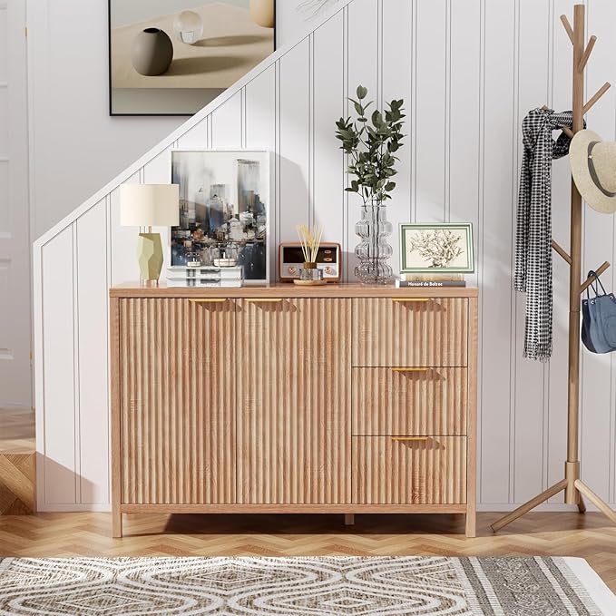 Fluted Sideboard Buffet Cabinet, 46.5" Modern Storage Cabinet with 2 Doors & 3 Drawers, Sideboard Console Table for Entryway,Living Room,Kitchen,Dinning Room-Natural Oak