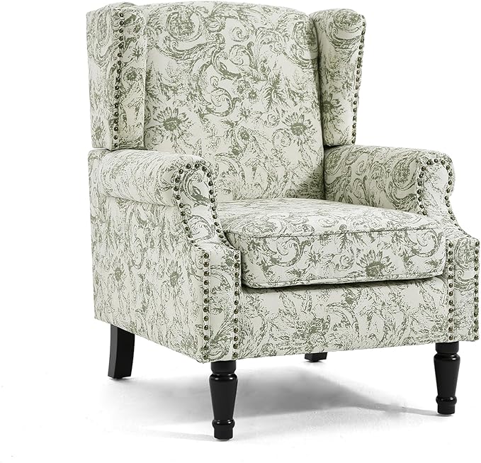 UIXE High Back Accent Chair, Fabric Upholstered Armchair for Living Room, Floral Printed Wingback Arm Chair with Solid Wood Legs, Retro Nailhead Trim Single Sofa Bedroom Reading Seat - Rococo Green